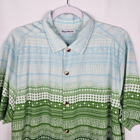 Tommy Bahama Mens Large Silk Shirt Blue Green Gradient Patterned Button Short S - Picture 2 of 9